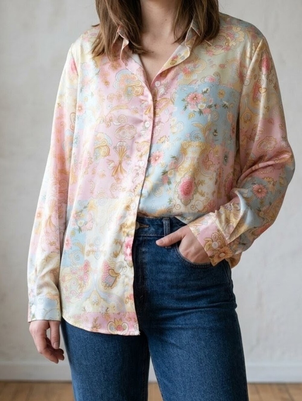 Vintage Style Pastel Floral Patchwork Satin Button-Down Blouse XXL - NWT